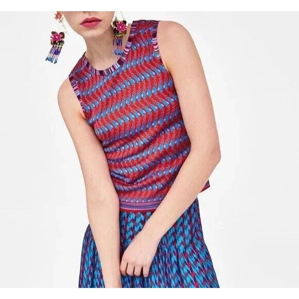 NWT Zara Jacquard Knitwear Collection Zig Zag Chevron Sweater Top Red Blue M